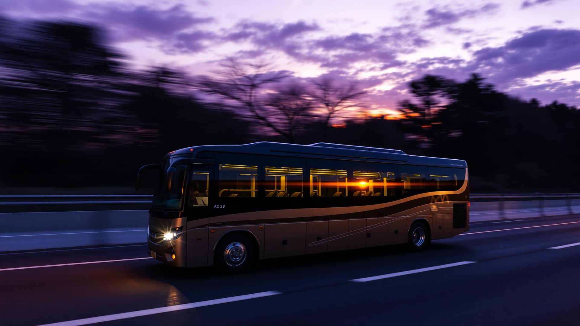 Premium AC sleeper bus on highway at dusk